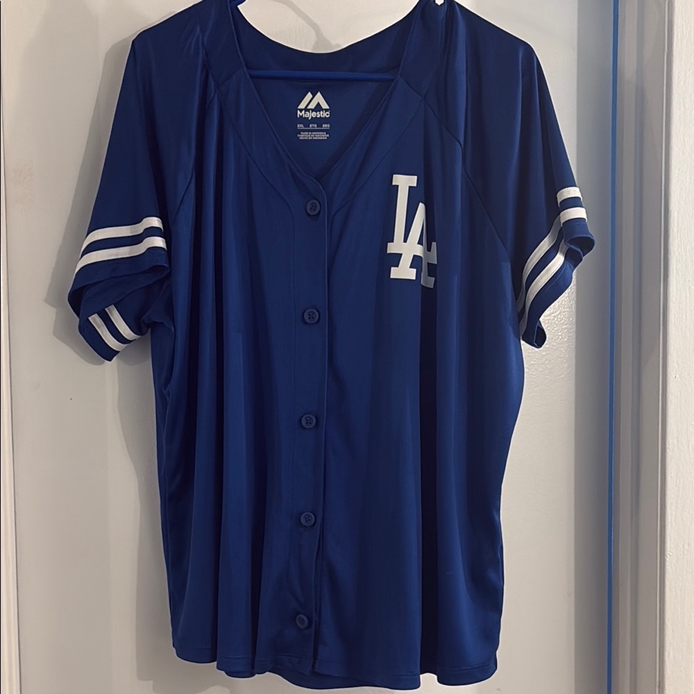 Majestic Royal Blue Dodgers Button-Up Jersey for woman.